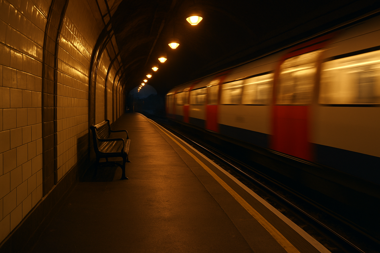 A quiet Underground platform at dusk