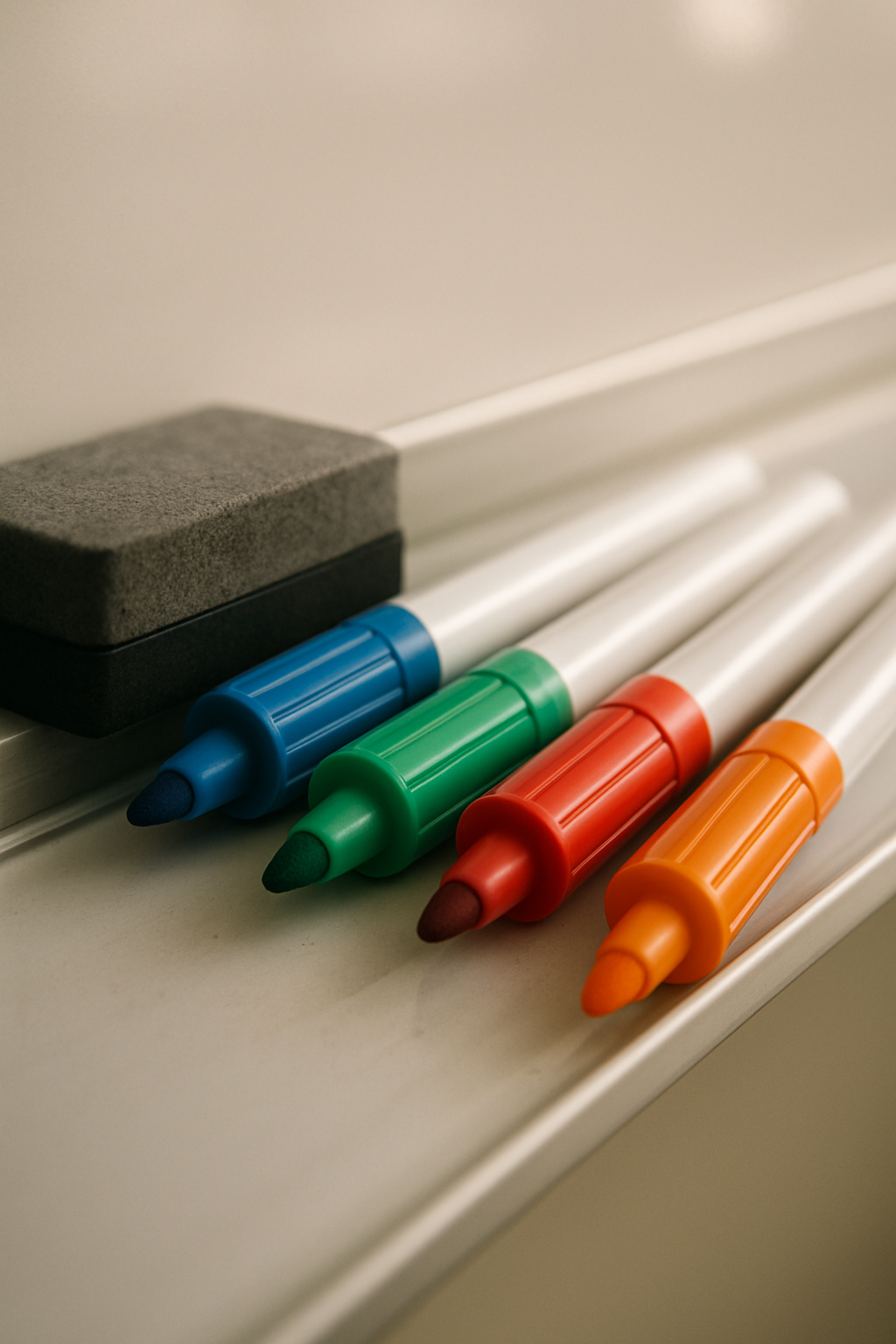 Markers on a whiteboard ledge