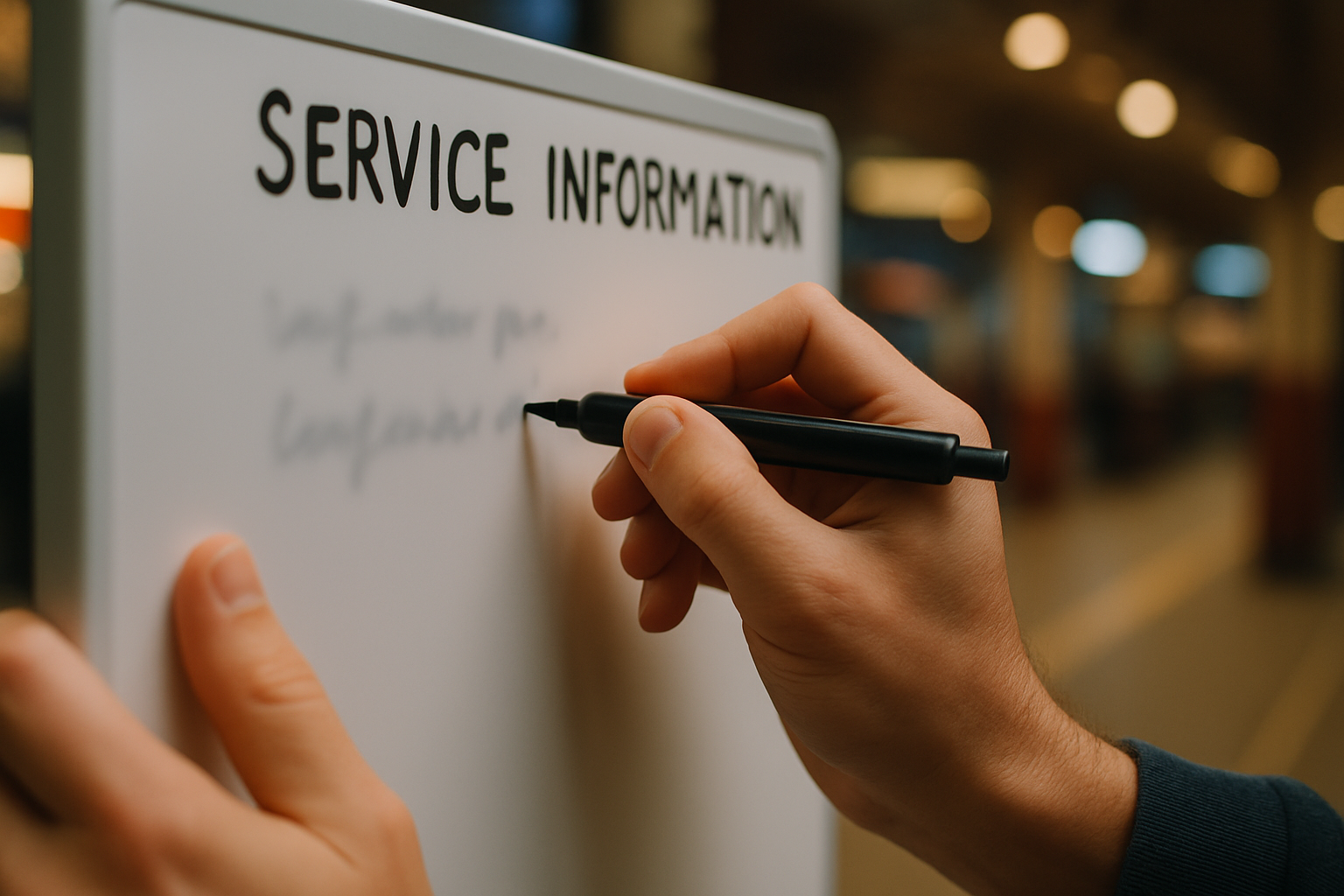 Hands writing on a service information board